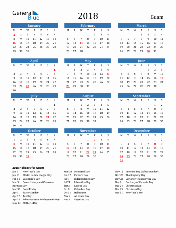 Guam 2018 Calendar with Holidays