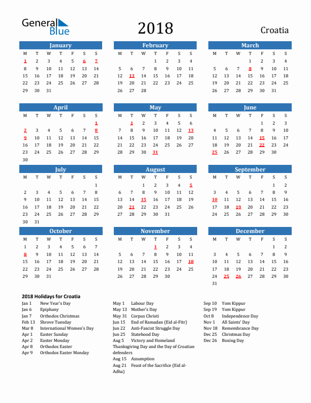 Croatia 2018 Calendar with Holidays