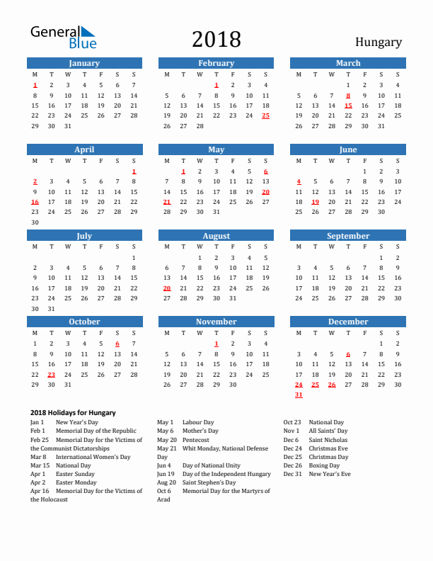 Hungary 2018 Calendar with Holidays
