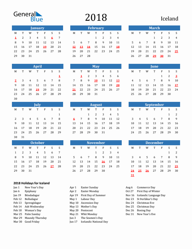 Iceland 2018 Calendar with Holidays