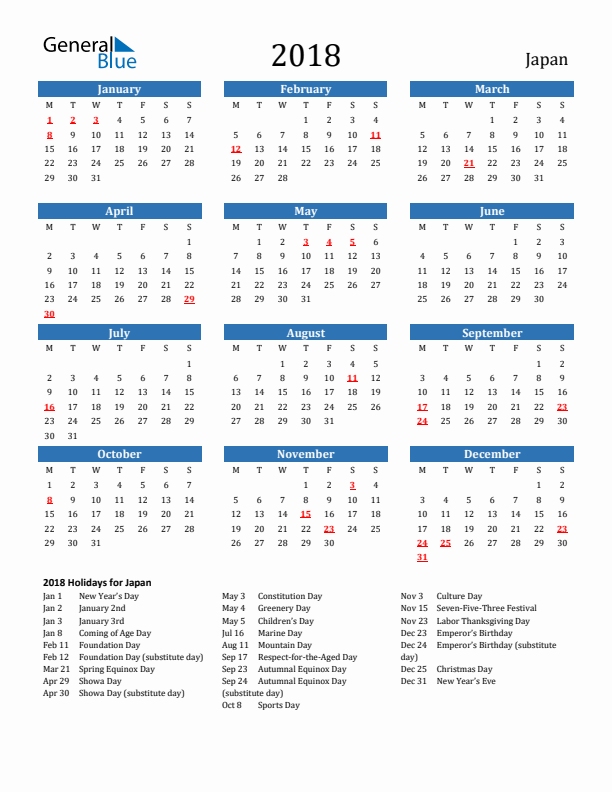 Japan 2018 Calendar with Holidays