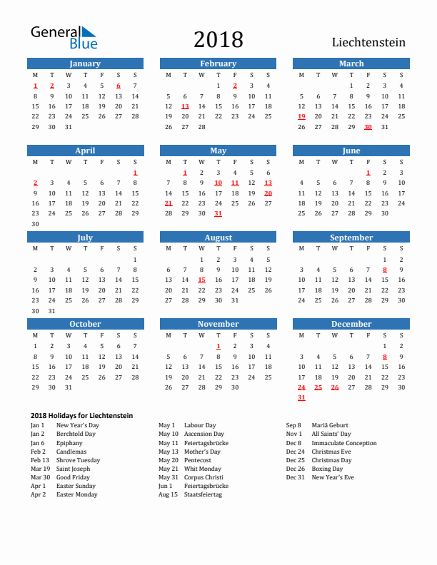 Liechtenstein 2018 Calendar with Holidays