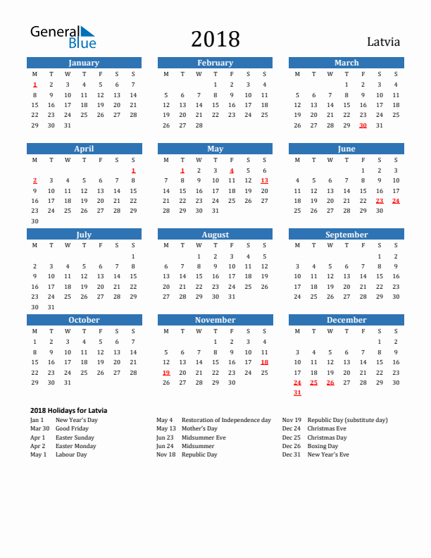 Latvia 2018 Calendar with Holidays