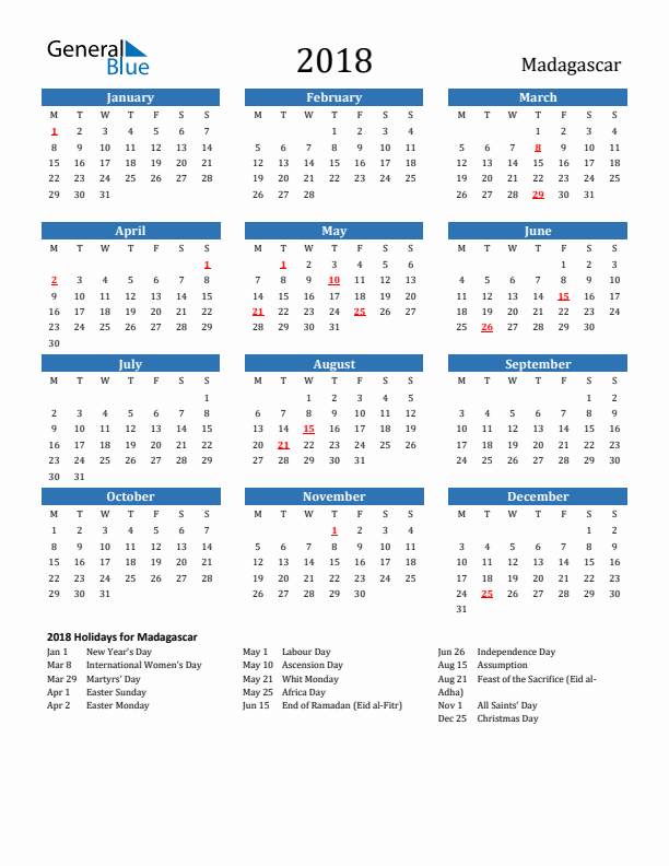 Madagascar 2018 Calendar with Holidays