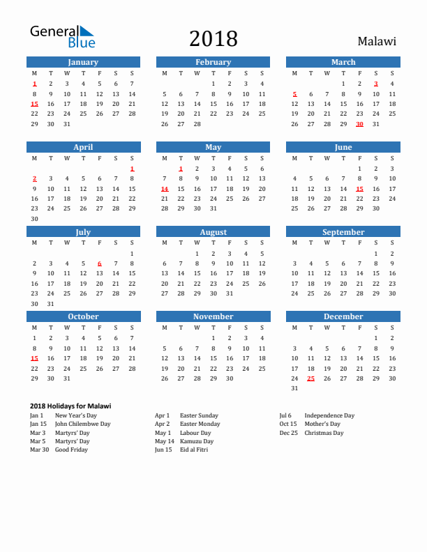 Malawi 2018 Calendar with Holidays
