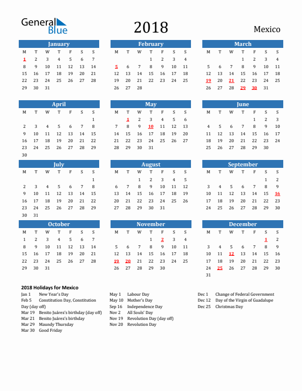 Mexico 2018 Calendar with Holidays