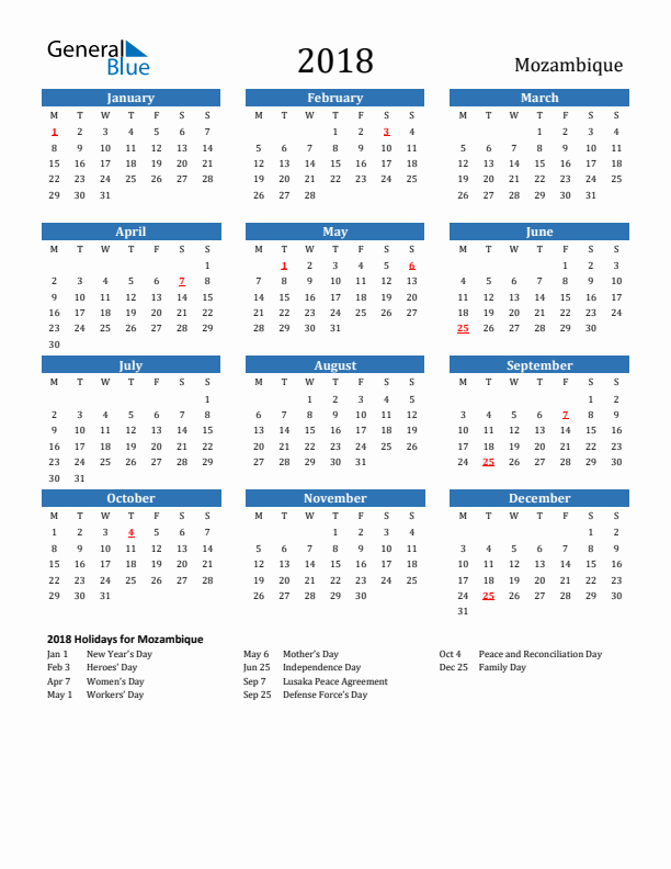 Mozambique 2018 Calendar with Holidays