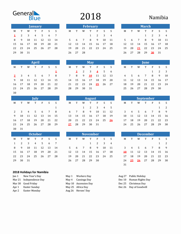 Namibia 2018 Calendar with Holidays
