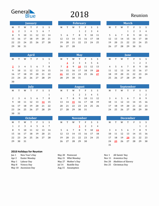 Reunion 2018 Calendar with Holidays