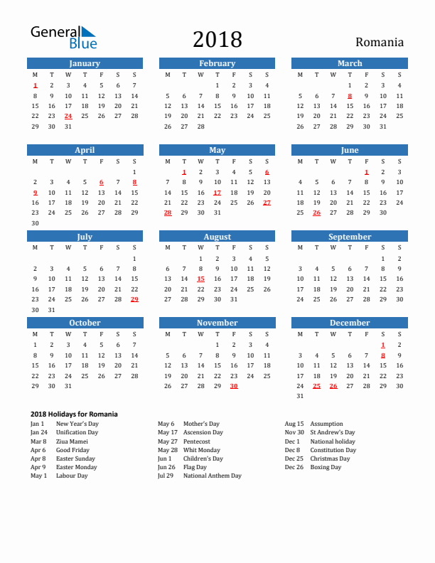 Romania 2018 Calendar with Holidays