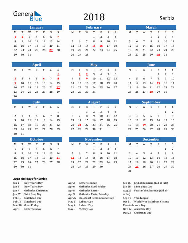 Serbia 2018 Calendar with Holidays