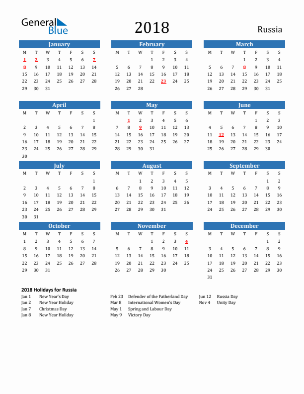 Russia 2018 Calendar with Holidays