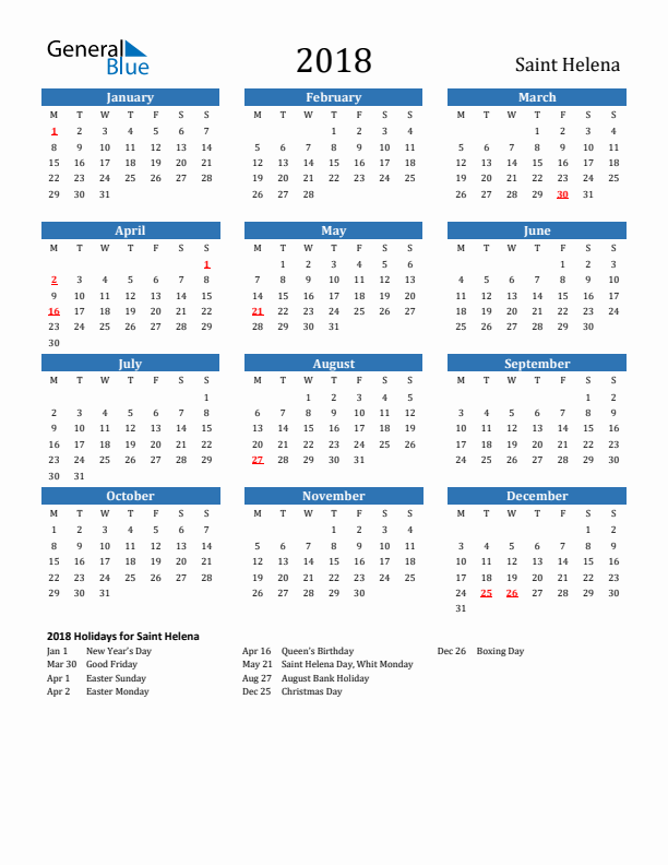 Saint Helena 2018 Calendar with Holidays