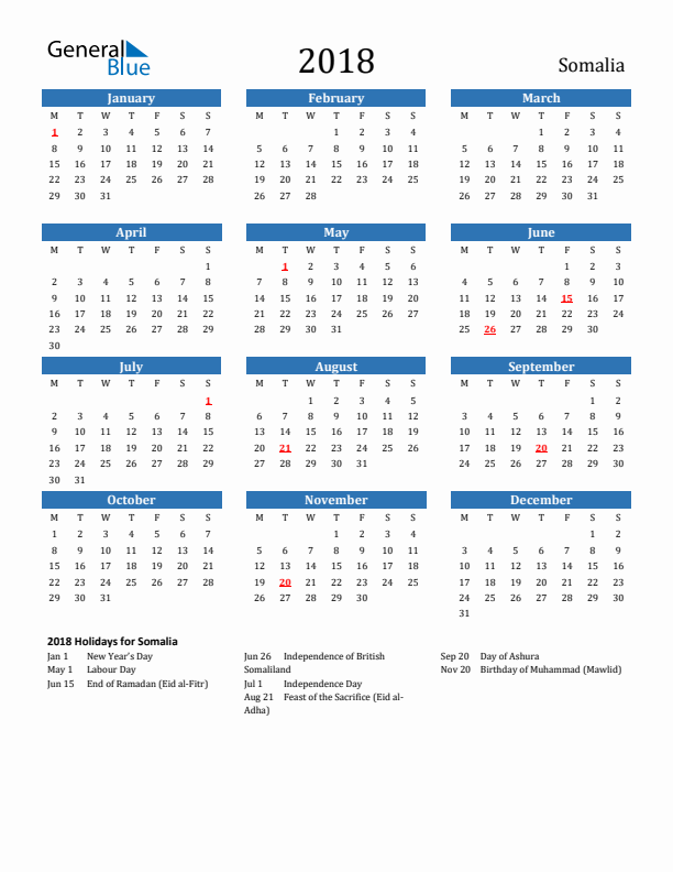 Somalia 2018 Calendar with Holidays