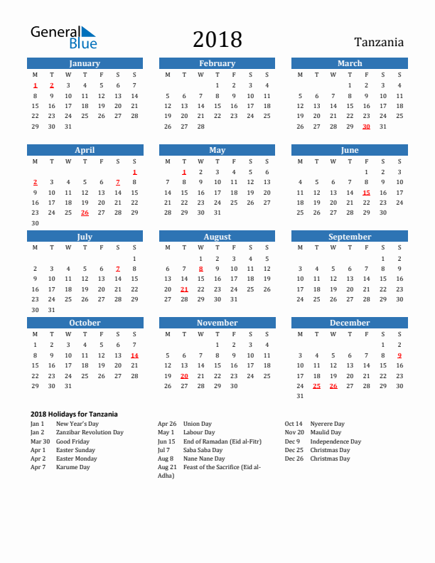 Tanzania 2018 Calendar with Holidays