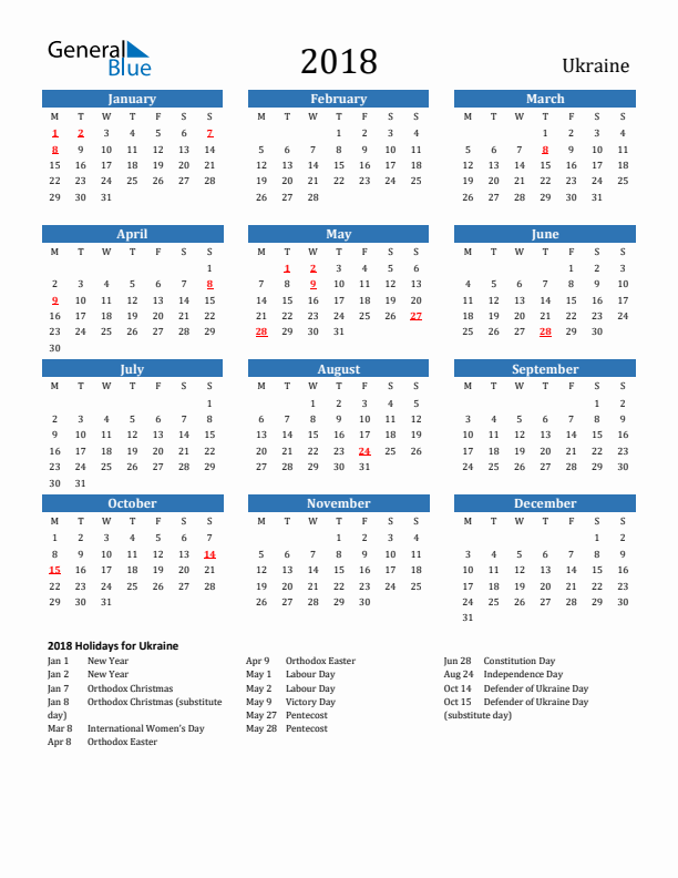 Ukraine 2018 Calendar with Holidays