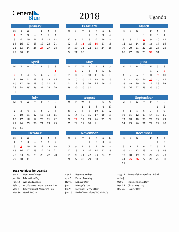 Uganda 2018 Calendar with Holidays