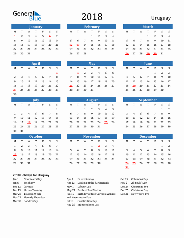 Uruguay 2018 Calendar with Holidays