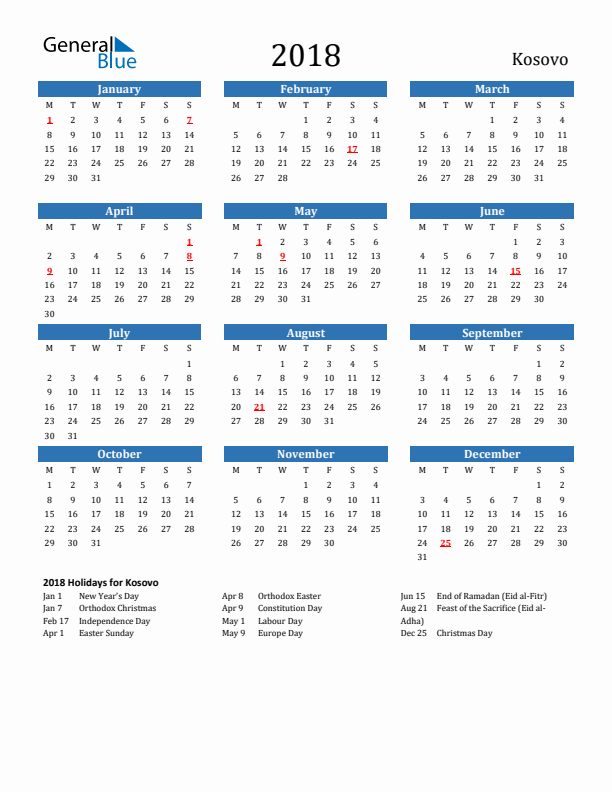 Kosovo 2018 Calendar with Holidays