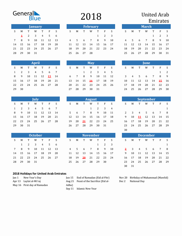 United Arab Emirates 2018 Calendar with Holidays