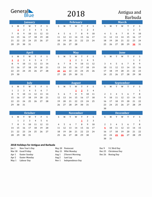 Antigua and Barbuda 2018 Calendar with Holidays