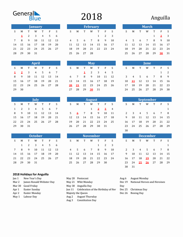 Anguilla 2018 Calendar with Holidays