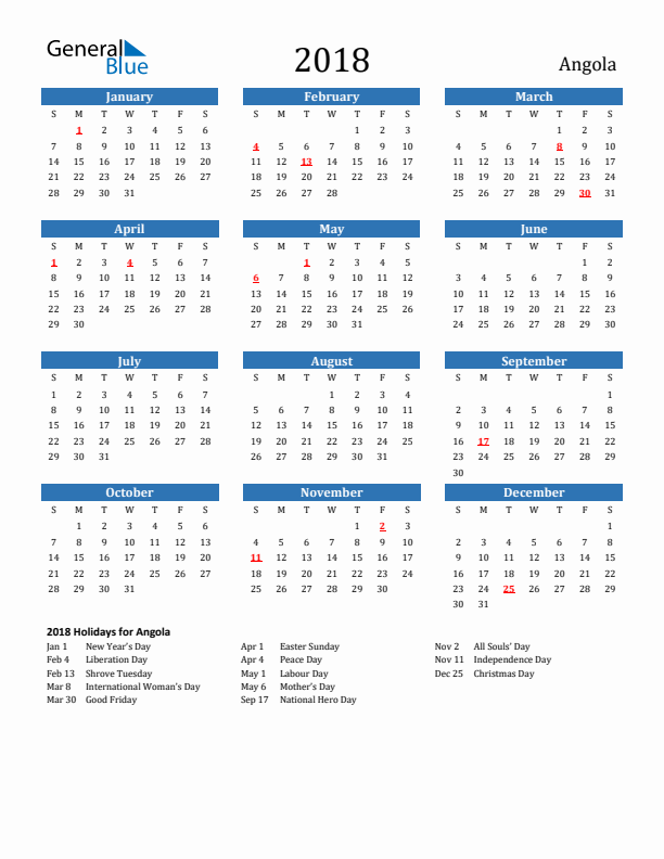 Angola 2018 Calendar with Holidays