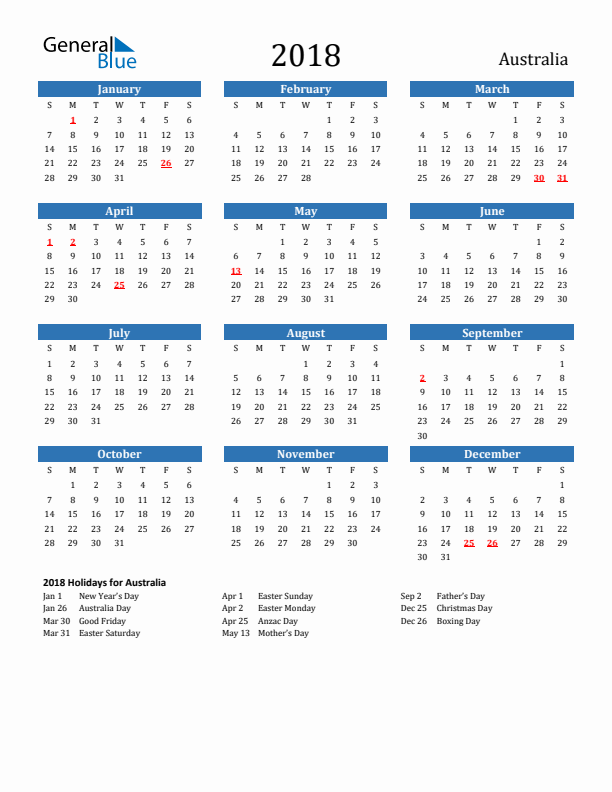 Australia 2018 Calendar with Holidays