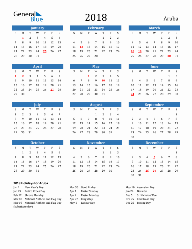 Aruba 2018 Calendar with Holidays