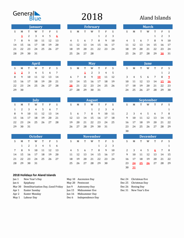 Aland Islands 2018 Calendar with Holidays