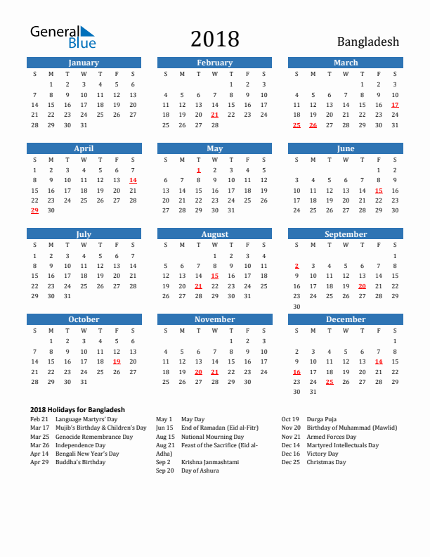 Bangladesh 2018 Calendar with Holidays