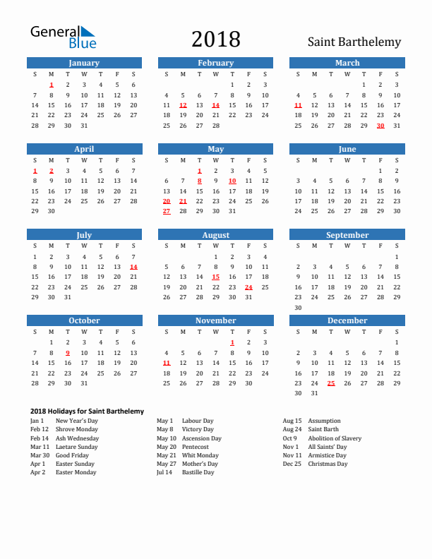 Saint Barthelemy 2018 Calendar with Holidays