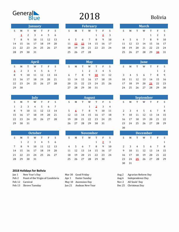 Bolivia 2018 Calendar with Holidays
