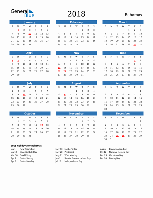 Bahamas 2018 Calendar with Holidays