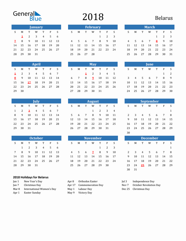 Belarus 2018 Calendar with Holidays