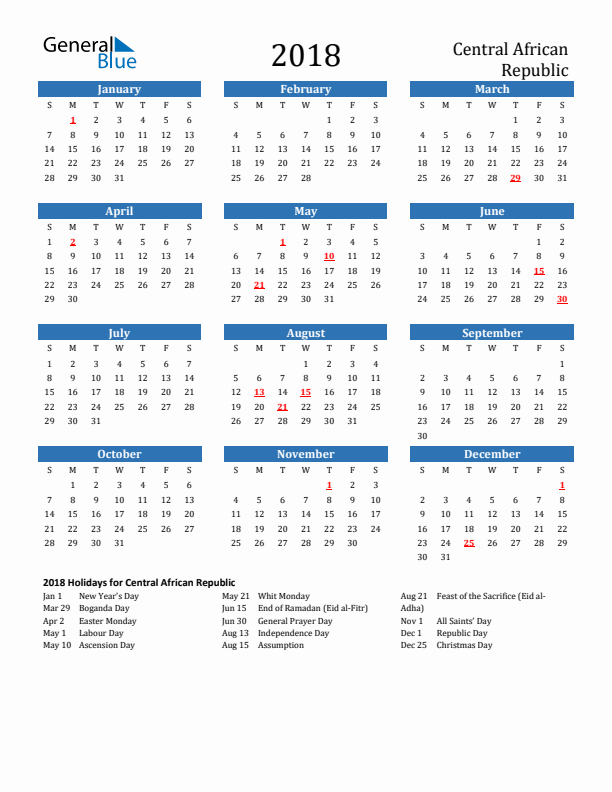 Central African Republic 2018 Calendar with Holidays