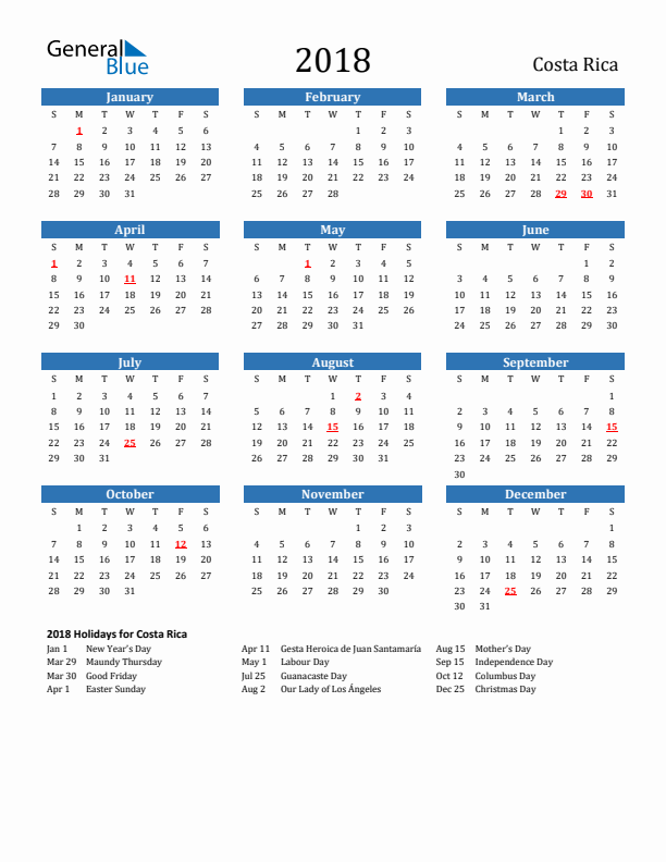 Costa Rica 2018 Calendar with Holidays