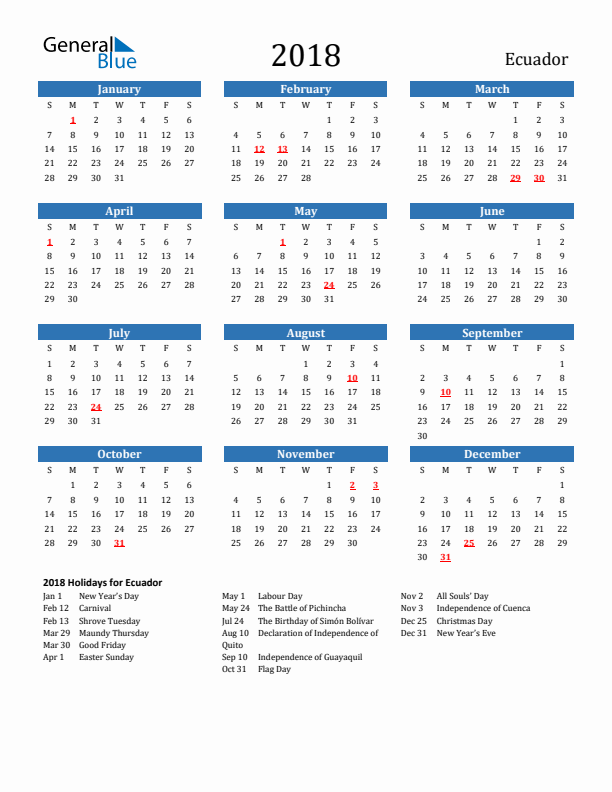 Ecuador 2018 Calendar with Holidays