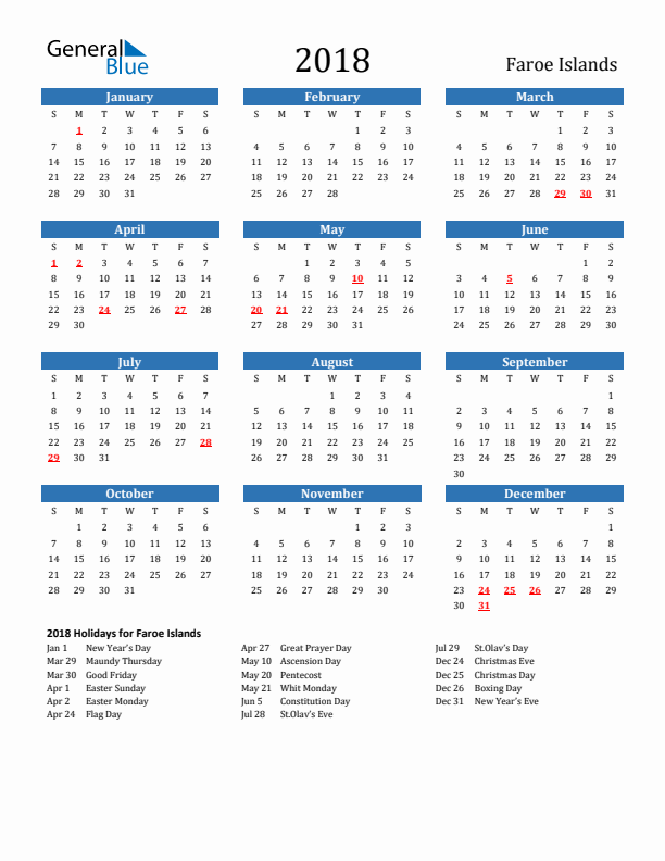 Faroe Islands 2018 Calendar with Holidays