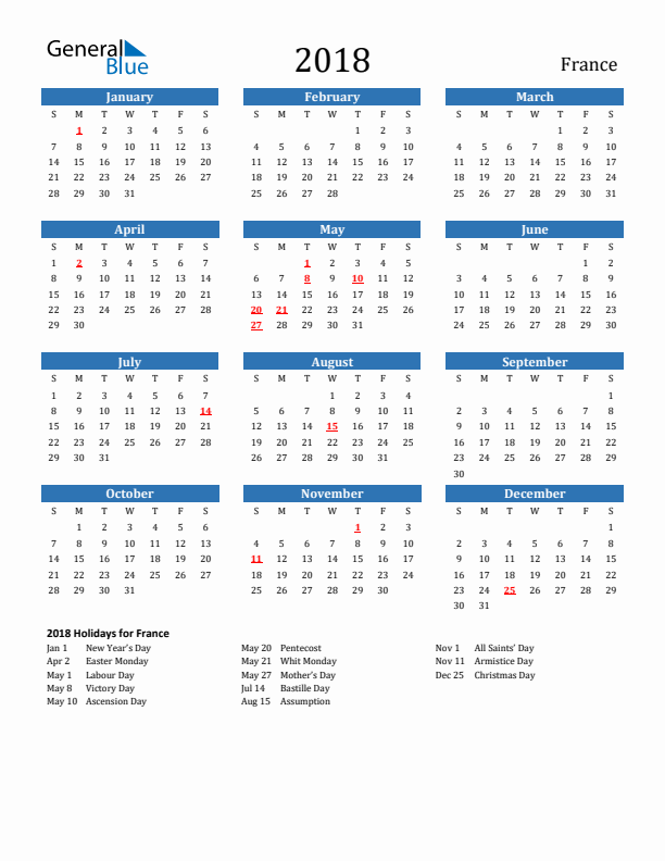 France 2018 Calendar with Holidays