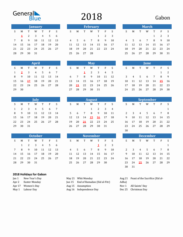 Gabon 2018 Calendar with Holidays