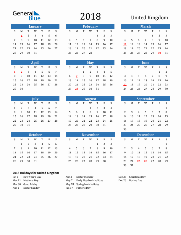 United Kingdom 2018 Calendar with Holidays