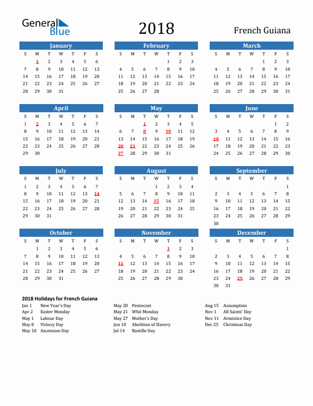 French Guiana 2018 Calendar with Holidays