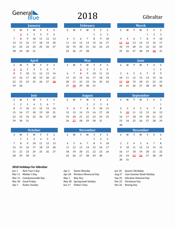 Gibraltar 2018 Calendar with Holidays