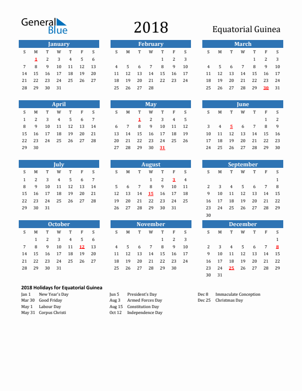 Equatorial Guinea 2018 Calendar with Holidays