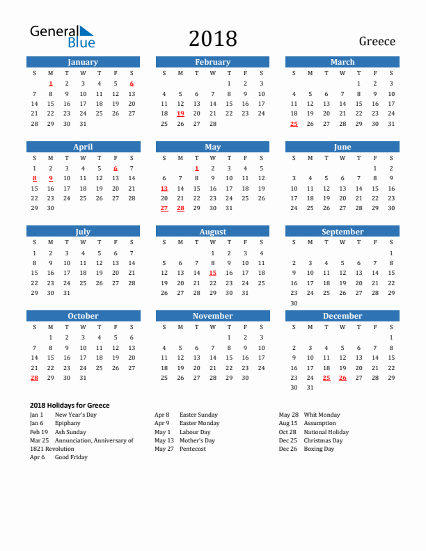 Greece 2018 Calendar with Holidays