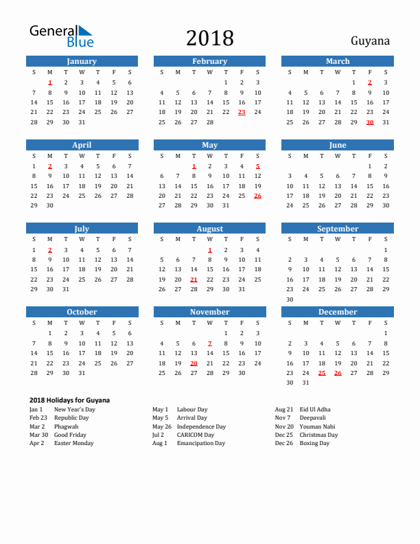 Guyana 2018 Calendar with Holidays