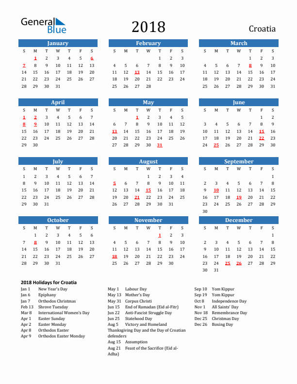 Croatia 2018 Calendar with Holidays