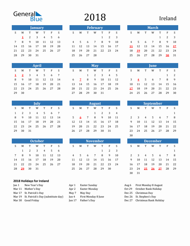 Ireland 2018 Calendar with Holidays