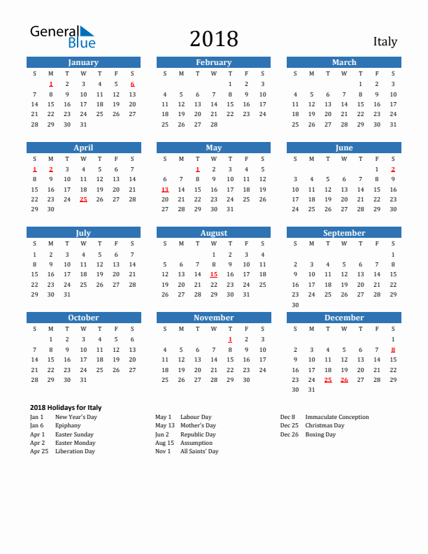 Italy 2018 Calendar with Holidays